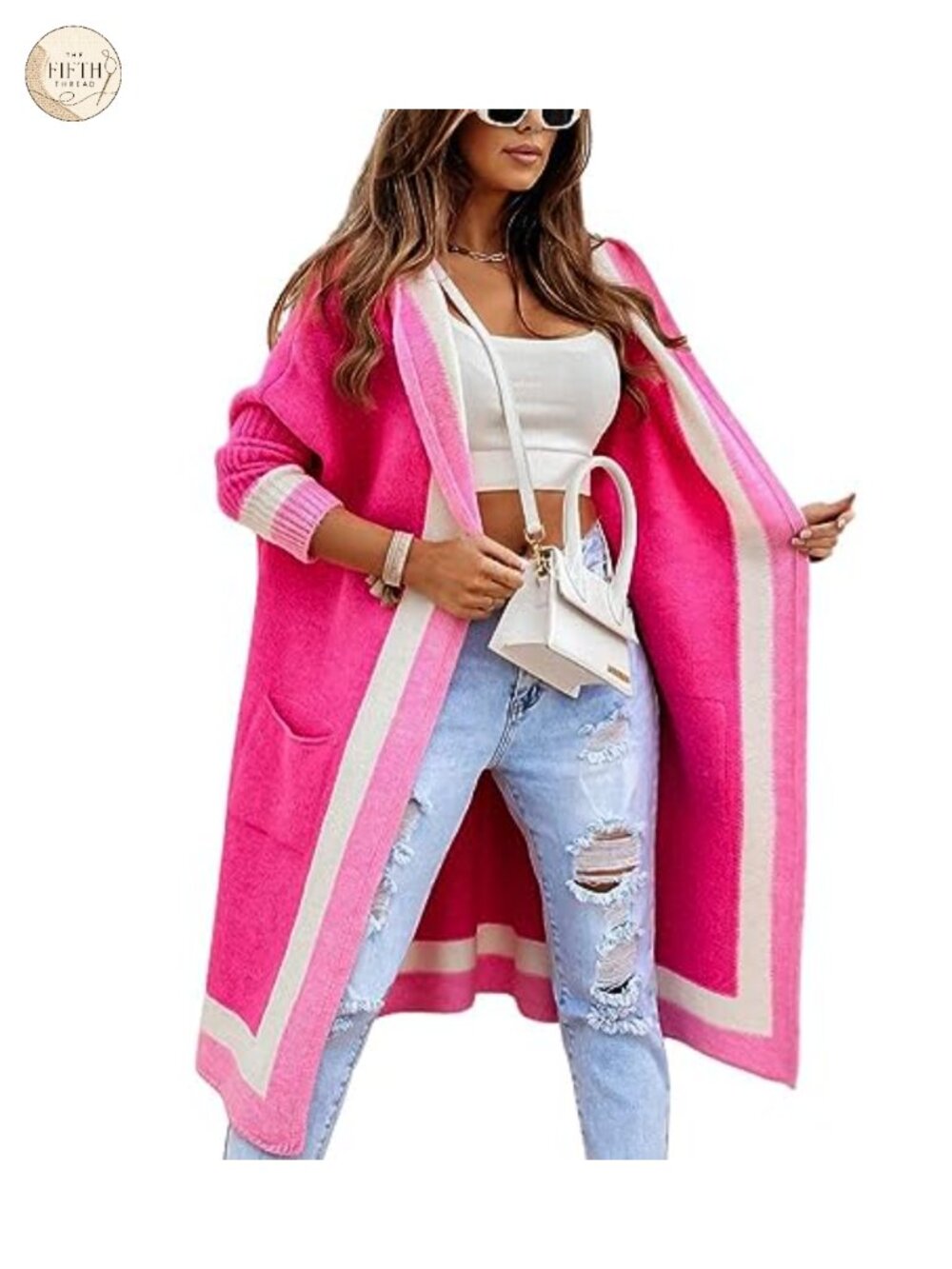 Oversized Hooded Long Cardigan Sweater with Pockets Striped Knit